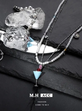 欧美酒杯珍珠叠戴项链小众设计高级感锁骨链气质双层项饰品女