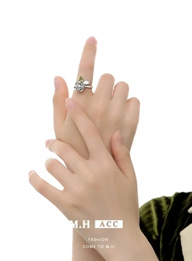 小清新玫瑰花戒指女ins风橄榄绿爱心锆石食指戒小众开口指环