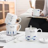 日式 简约牛奶杯儿童早餐马克杯 可爱猫咪卡通带盖创意女陶瓷杯子