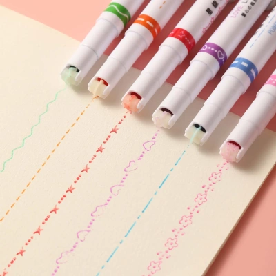 6色线状滚轮印荧光笔线型彩色曲线花型波浪线手账标重点记号笔