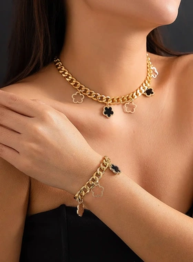 欧美时色五吊坠项链女冷淡风金属铝链条项饰braelet