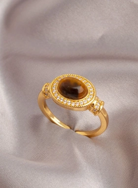 美拉德虎眼石开口戒指女法式复古轻奢高级感食指戒时尚个性手饰品