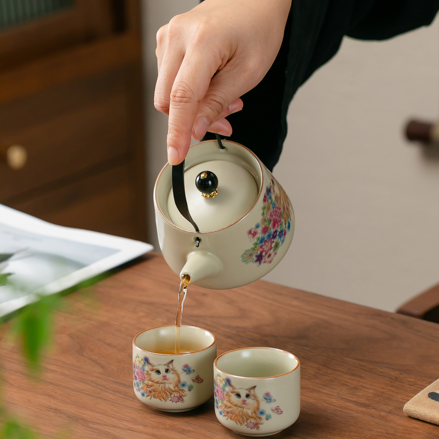 汝窑提梁壶复古防烫过滤茶具