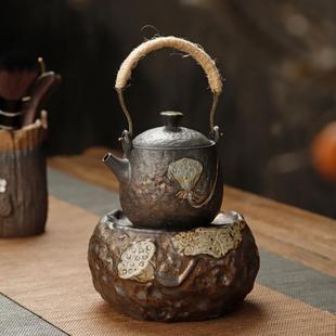 蜡烛焙茶暖茶炉单壶 粗陶提梁壶鎏金泡茶壶加热底座家用温茶器套装