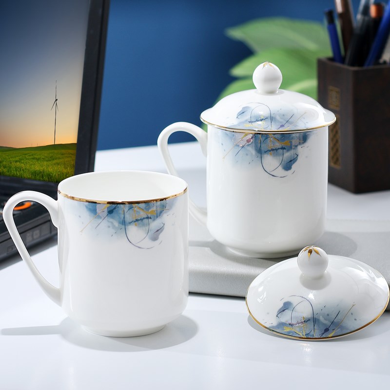 家用骨瓷水杯办公室泡茶杯子会议杯带盖大容量杯子陶瓷盖杯礼盒装