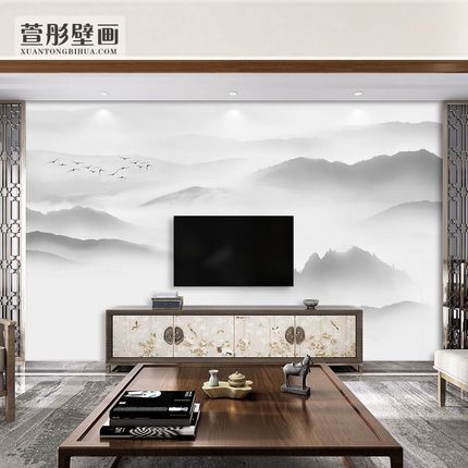 新中式水墨山水墙纸办公室客厅电视沙发背景墙布大气壁纸淡雅壁画