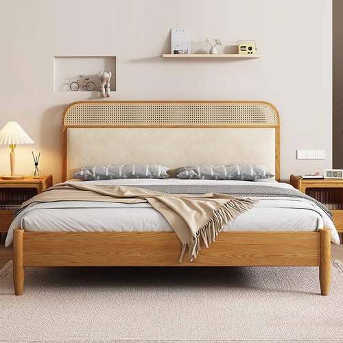 藤编实木床双人床简约现代1米8主卧1米5软包北欧原木风白蜡木床