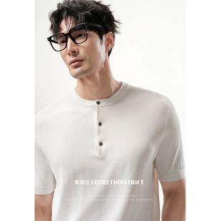 第四区【凉感透气】美式亨利领复古针织短袖T恤冰丝高密弹力男士
