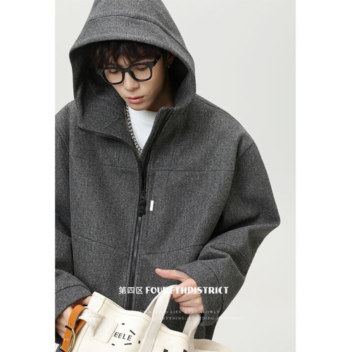 连帽毛呢外套男冬季男士短款