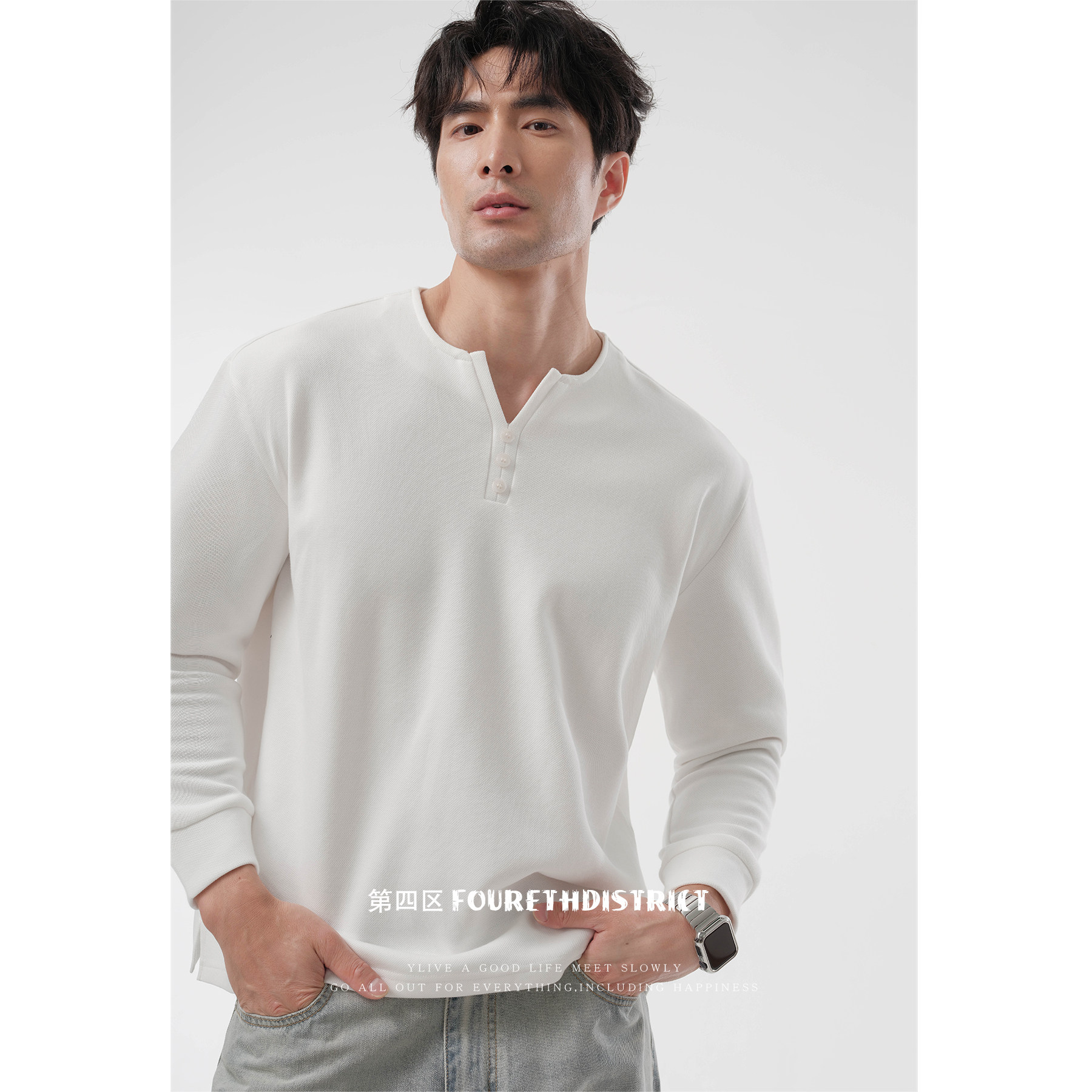 第四区 男士休闲上衣v领亨利领2026早春商务休闲潮流时尚T恤百搭