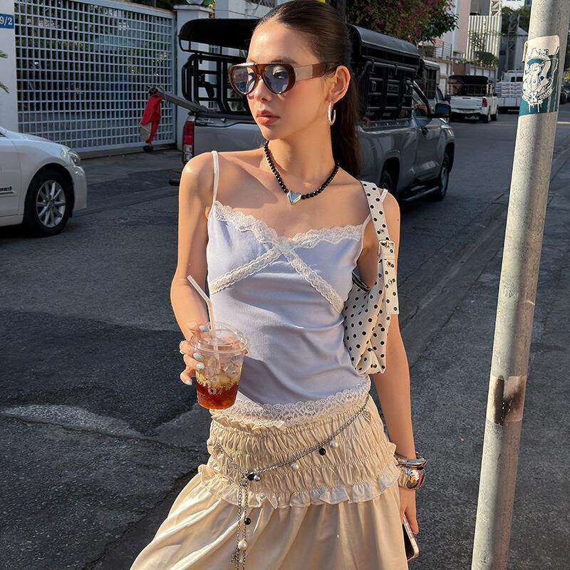 「 2.24春夏新品 」美式辣妹蕾丝花边吊带叠穿背心 26T067