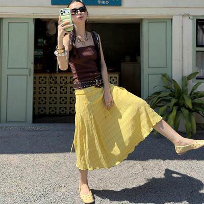 「 3.20 春夏新品 」MMFISH 彩色泡泡格纹褶皱中长a字裙 26Q172