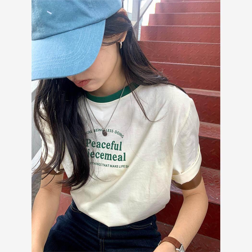 美式撞色领印花T恤女2025春韩系正肩休闲短袖上衣宽松时尚舒适