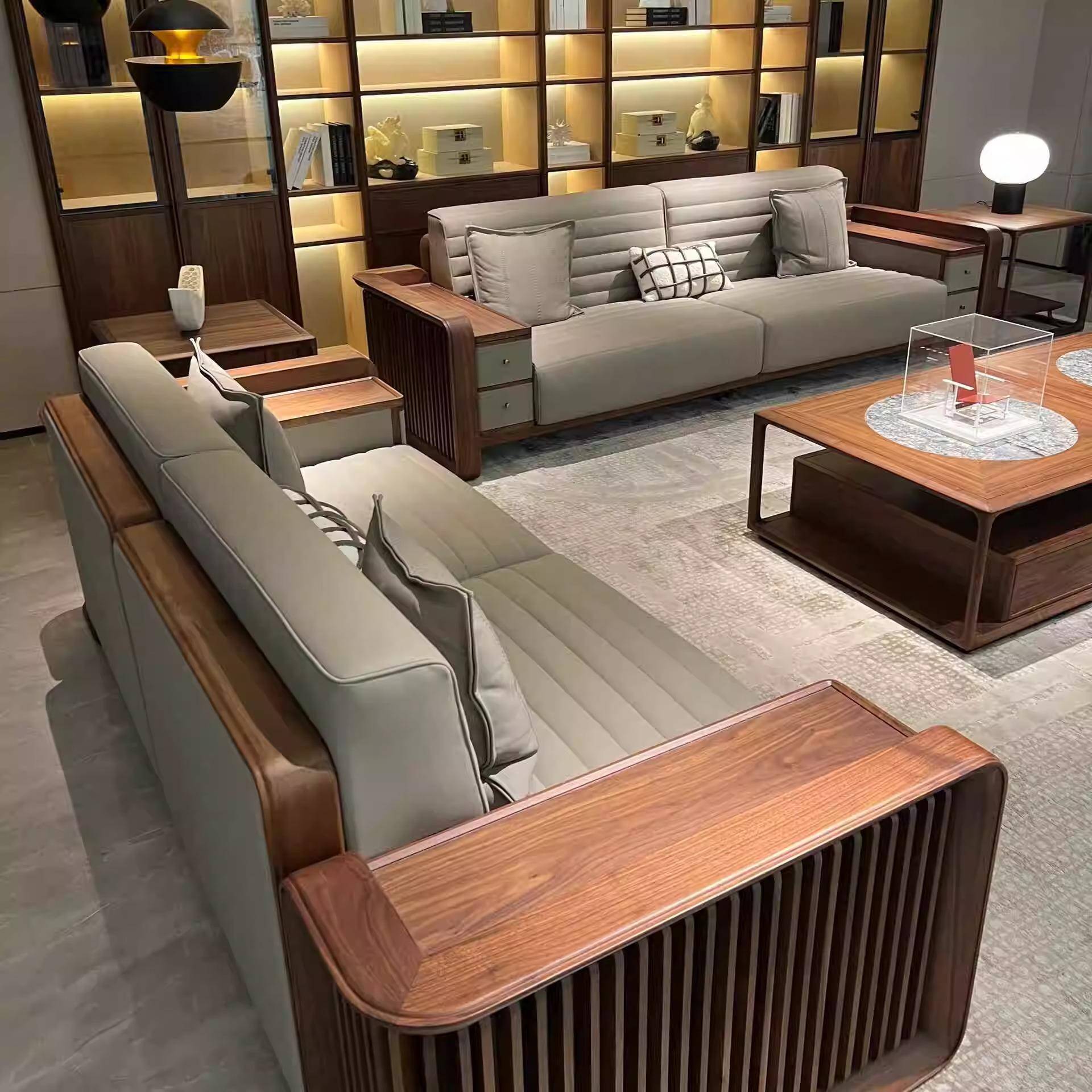 黑胡桃白蜡木沙发茶几组合新中式禅意客厅皮艺酒店民宿办公室家具