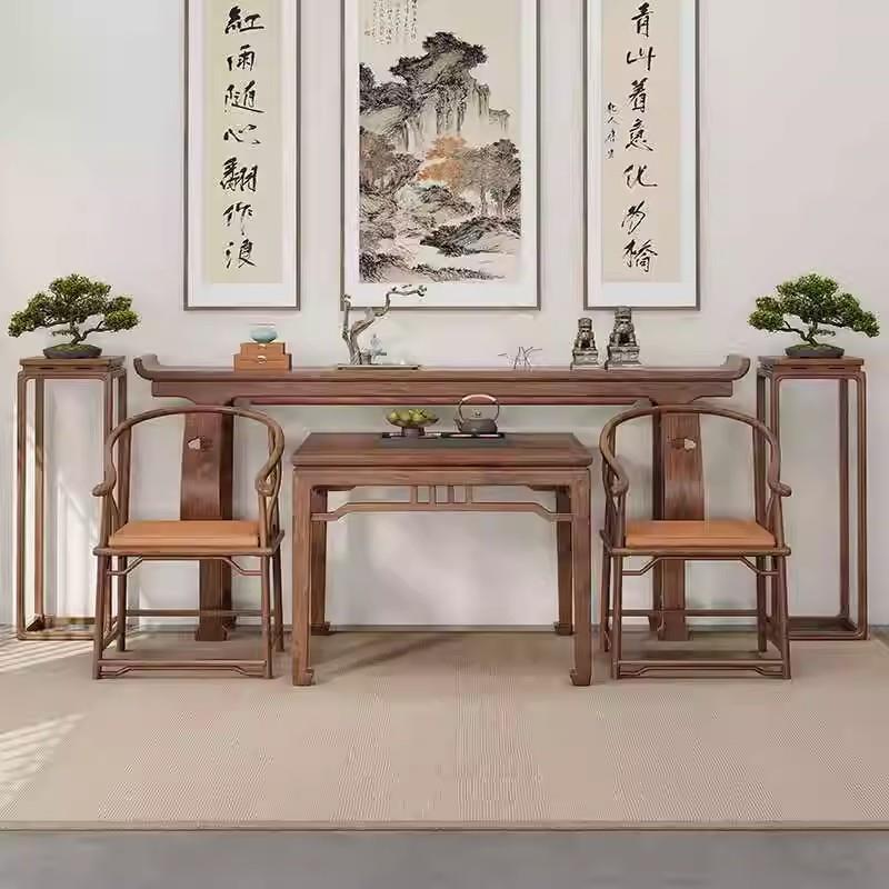 新中式玄关桌中堂六件套客厅财神供桌黑胡桃木八仙桌实木条案神台