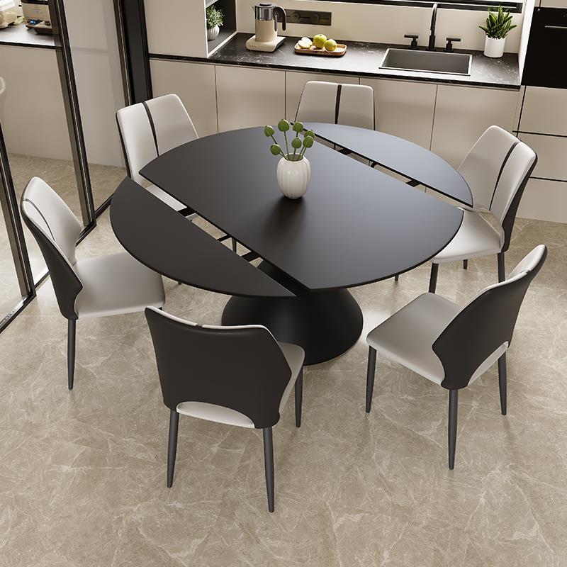 黑色岩板餐桌可变圆桌现代简约家用小户型方圆两用旋转伸缩圆餐桌