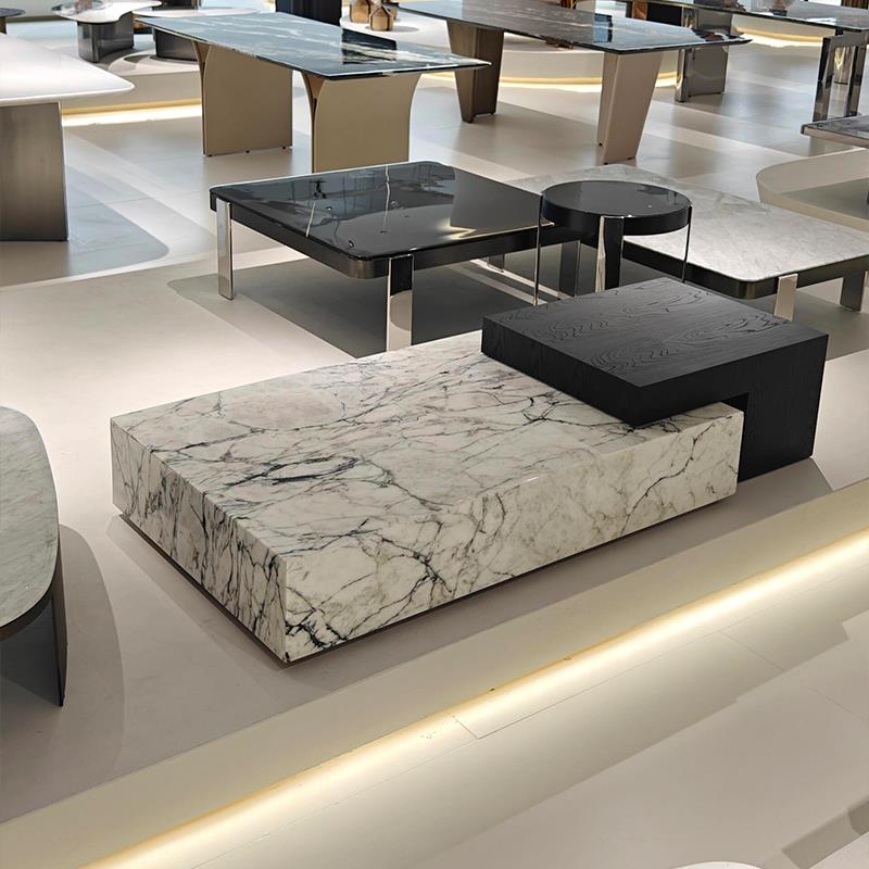 2025新款极简客厅家用大理石茶几现代简约长方形双拼色实木花纹