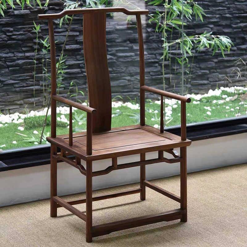 新中式实木官帽椅黑胡桃色主人椅书桌椅子太师椅老榆木圈椅茶桌椅