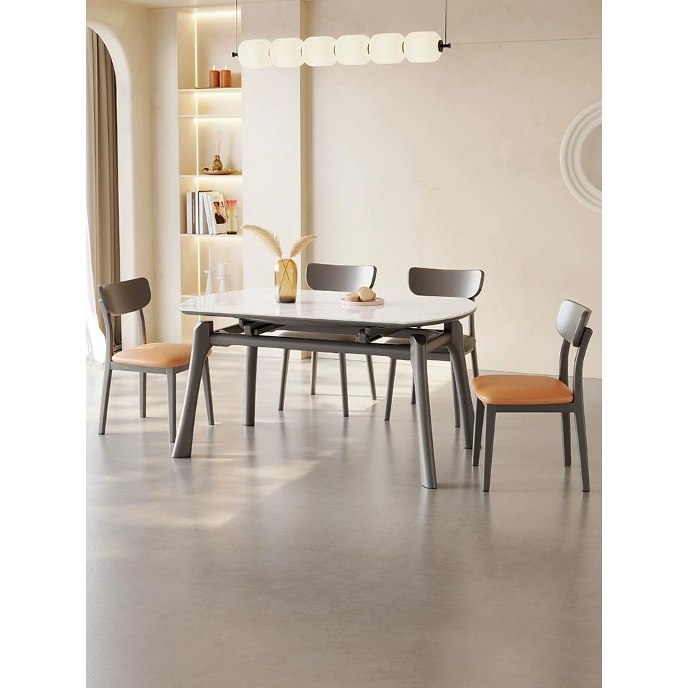 轻奢岩板伸缩餐家用小户型可变圆折叠饭桌现代简约电磁炉实木餐桌