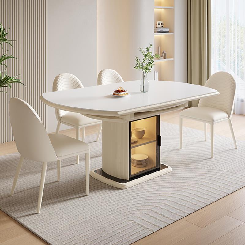 现代轻奢奶油风岩板餐桌方圆两用可伸缩变圆桌家用小户型现代简约