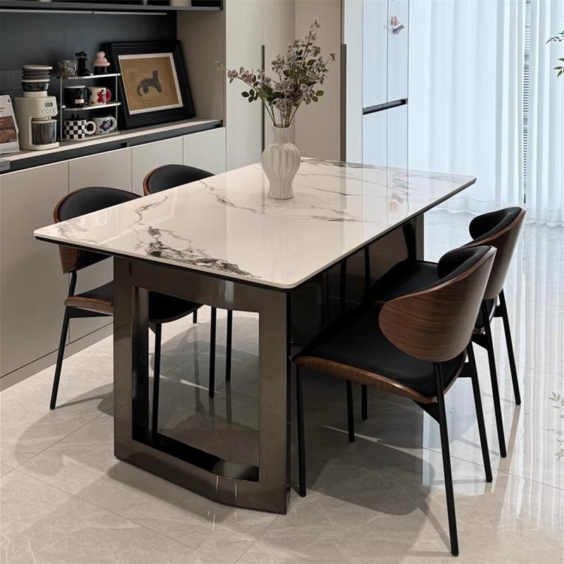 意式极简岩板餐桌现代简约家用小户型轻奢高级感不锈钢长方形组合