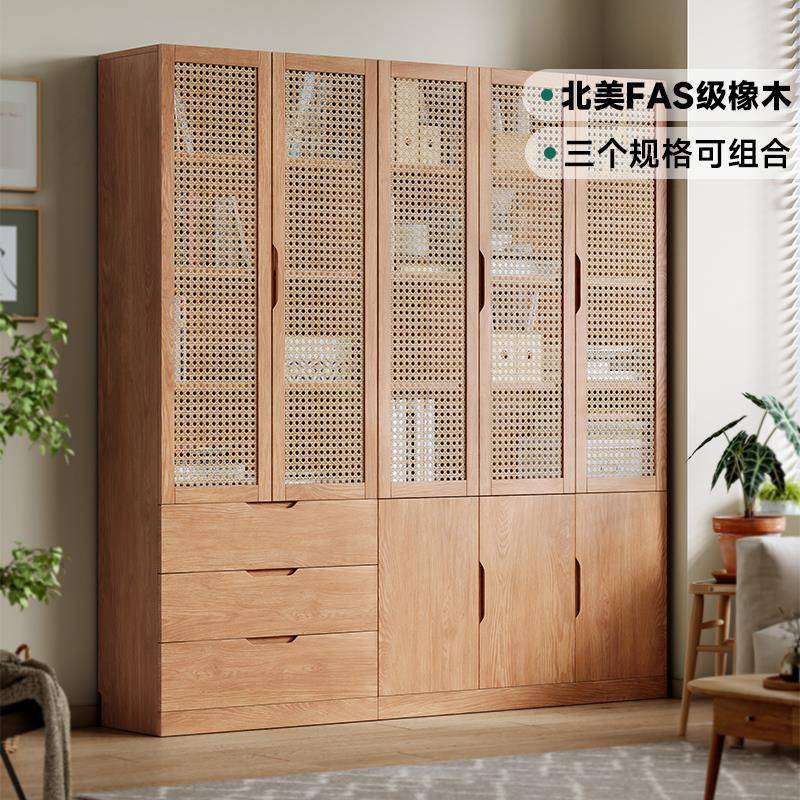 全实木书柜一体整墙客厅书房靠墙书架藤编门储物展示柜置物组合柜