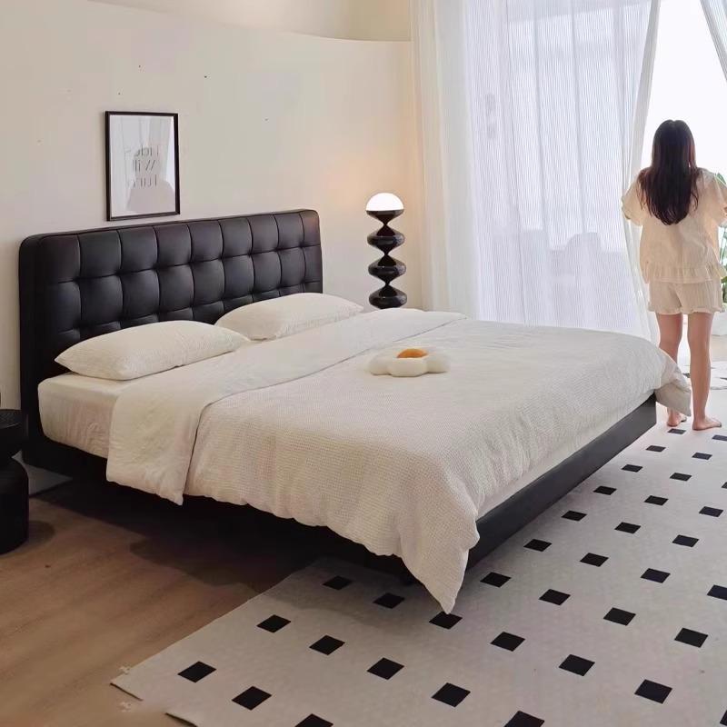 现代简约悬浮床黑色华夫格真皮床意式极简主卧高端大气软包双人床