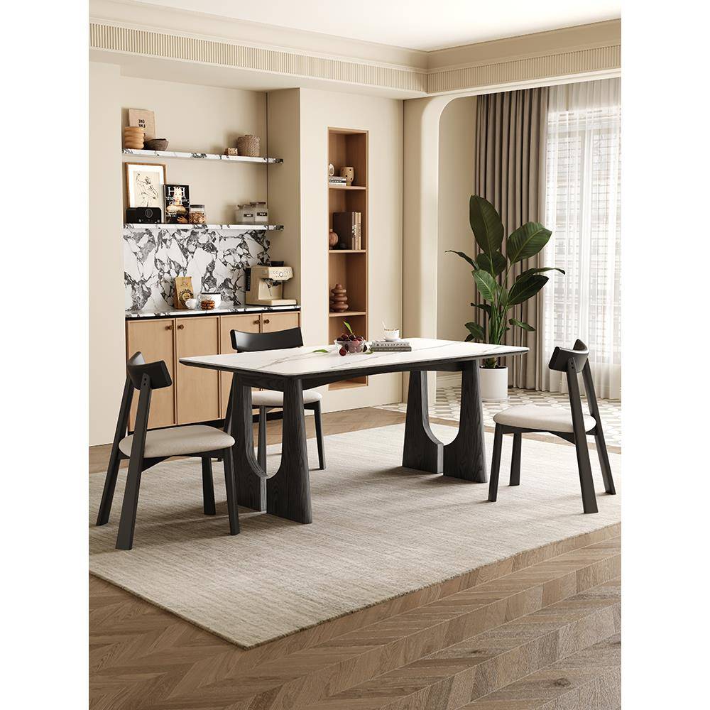 岩板餐桌椅长方形家用小户型简约现代法式覆古奶油风意式实木饭桌