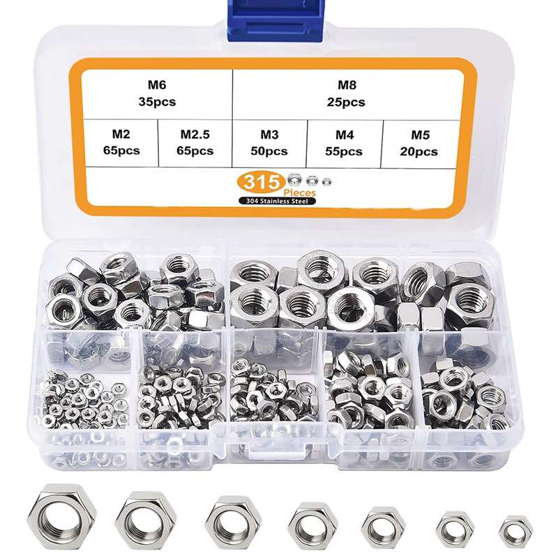 315PCS/250PCS 304不锈钢六角螺母盒装螺丝帽DIN934六角螺母
