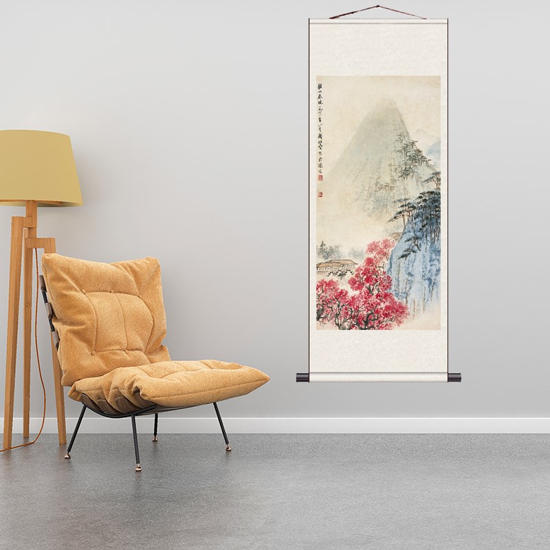 黄宾虹山水水墨画茶楼装饰画客厅挂画青绿山水招财玄关江畔游春图