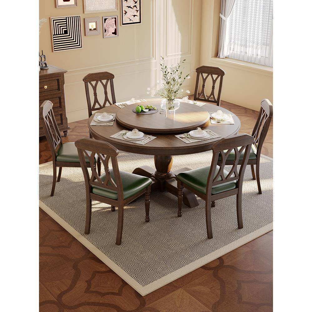 美式乡村实木餐桌家用法式覆古圆餐桌椅组合餐厅家具