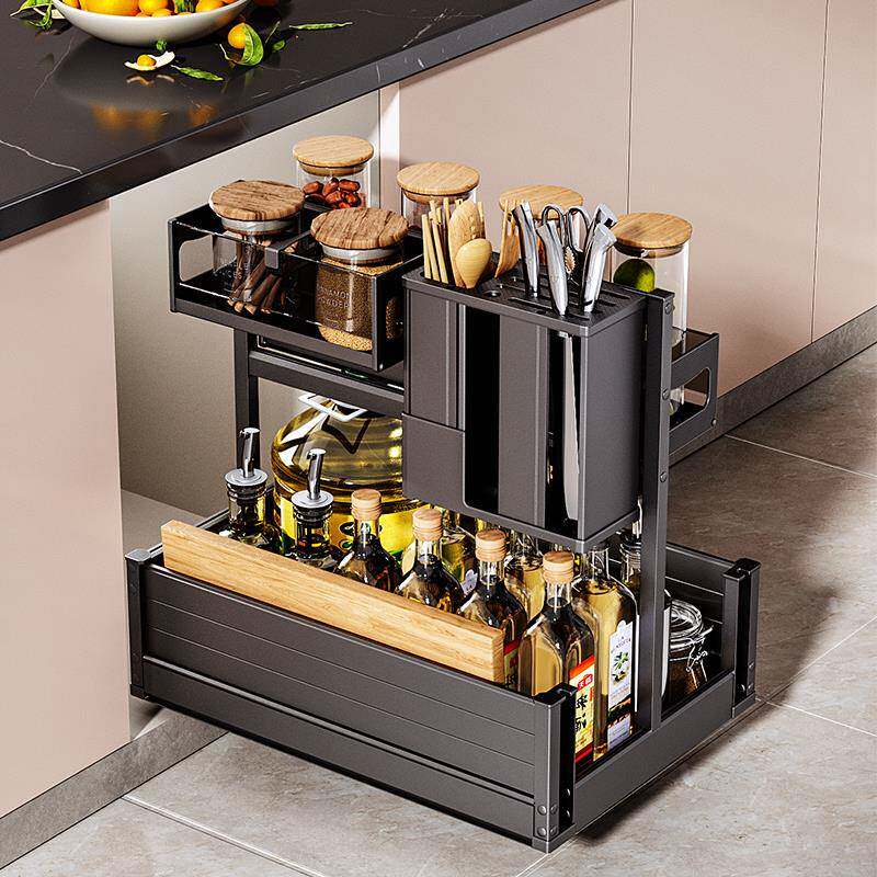 德国厨房橱柜抽屉式模块化玻璃盒铝合金阻尼调料调味拉篮