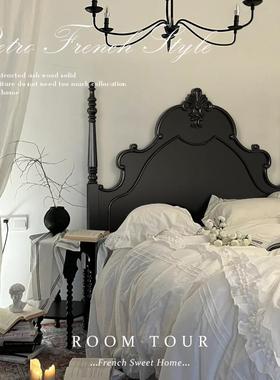 7K复古美式实木床双人床黑色1.8M中古风法式床主卧大气轻奢婚床