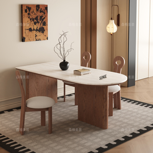 德利丰岩板洞石法式餐桌家用小户型复古中古半圆长方形餐桌子客厅