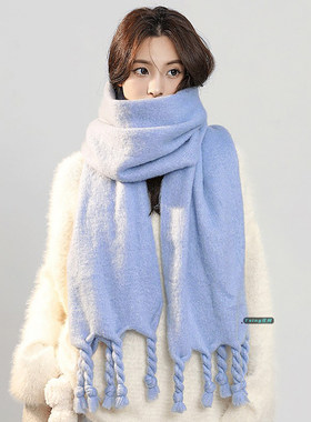 Tsing花间蓝色毛绒围巾女冬季加厚百搭保暖韩系氛围感披肩围脖