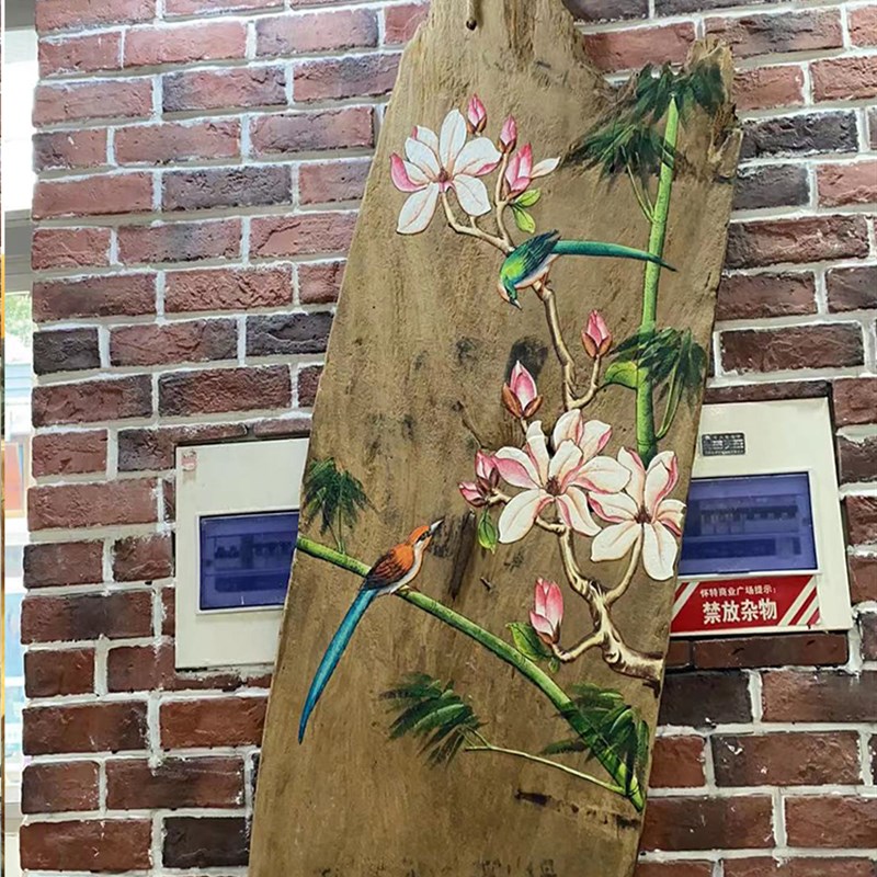 樟木禅意风化木板画手绘荷花漆画酒店会所背景墙面横款装饰画定制图片