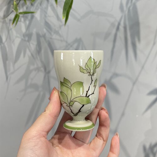 惊蛰 纯手绘木兰花草木灰葫芦高脚杯主人杯品茗杯功夫茶具单杯瓷
