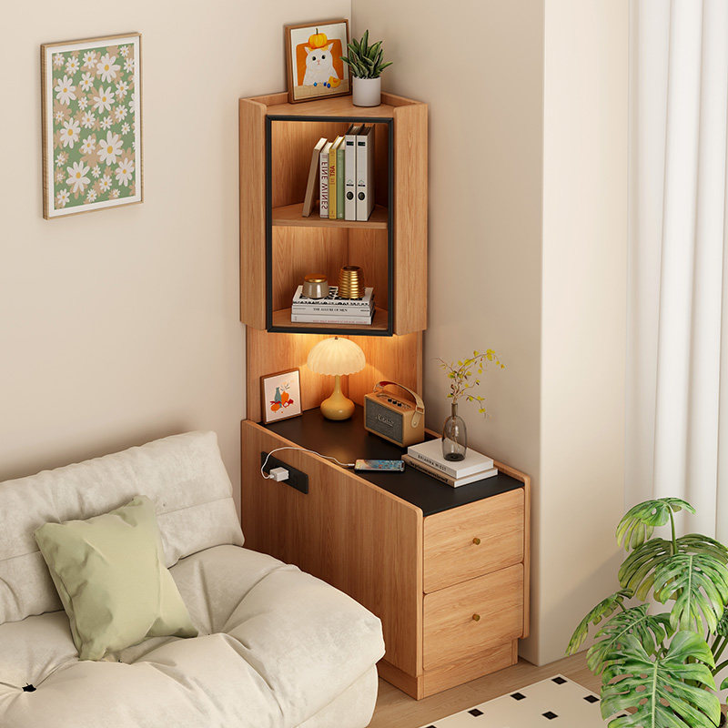 全实木转角置物架卧室床头90度三角柜客厅拐角沙发侧边墙角储物柜