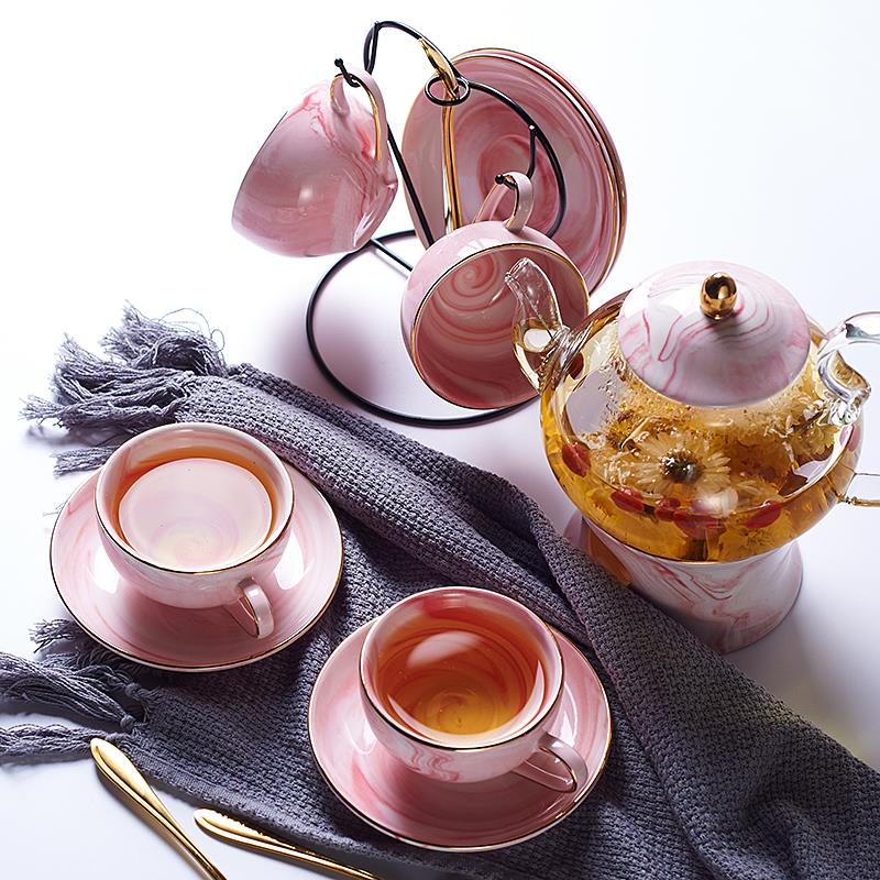 ins北欧简约花茶杯套装粉红灰色咖啡杯泡煮水果茶下午茶茶壶 水杯