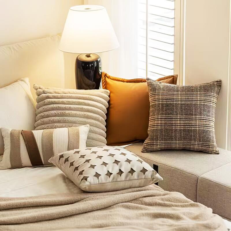 北欧棕咖色抱枕套 中古法式简约样板间靠枕客厅沙发靠垫卧室飘窗