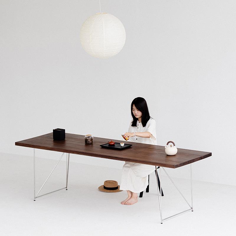 叁几 黑胡桃木餐桌家用实木大板茶桌不锈钢桌子长方形工作台书桌