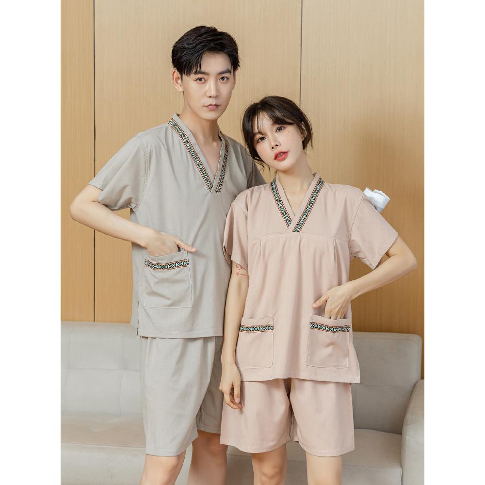 汗蒸服女棉麻2022新款浴服大码家居服情侣套装足疗桑拿纯棉按摩服