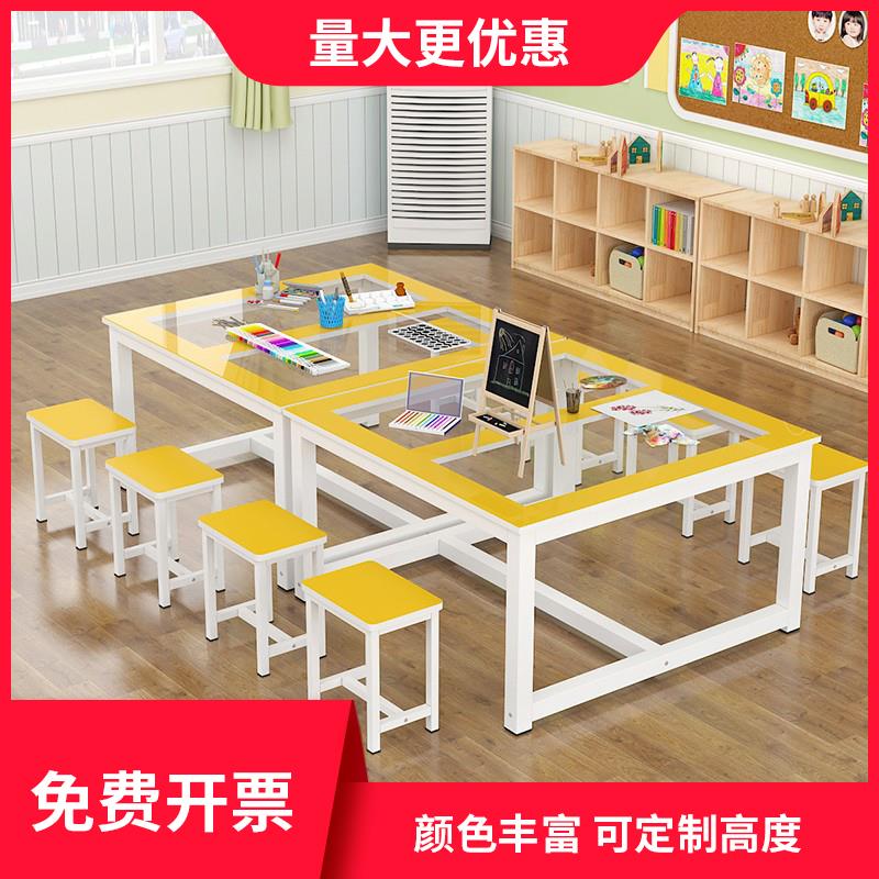 彩色绘画美术桌小学生幼儿园课桌椅玻璃桌子补习班学生培训班桌椅