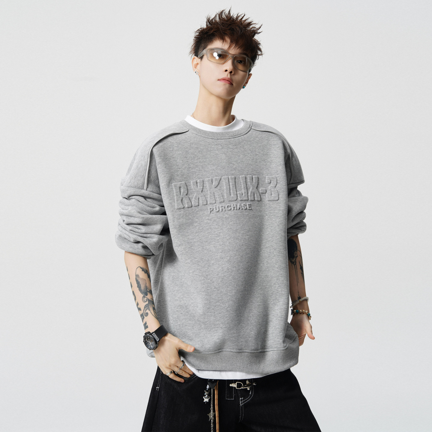 美式重磅圆领卫衣男款加绒加厚拉链男生青少年2025新款衣服秋冬季