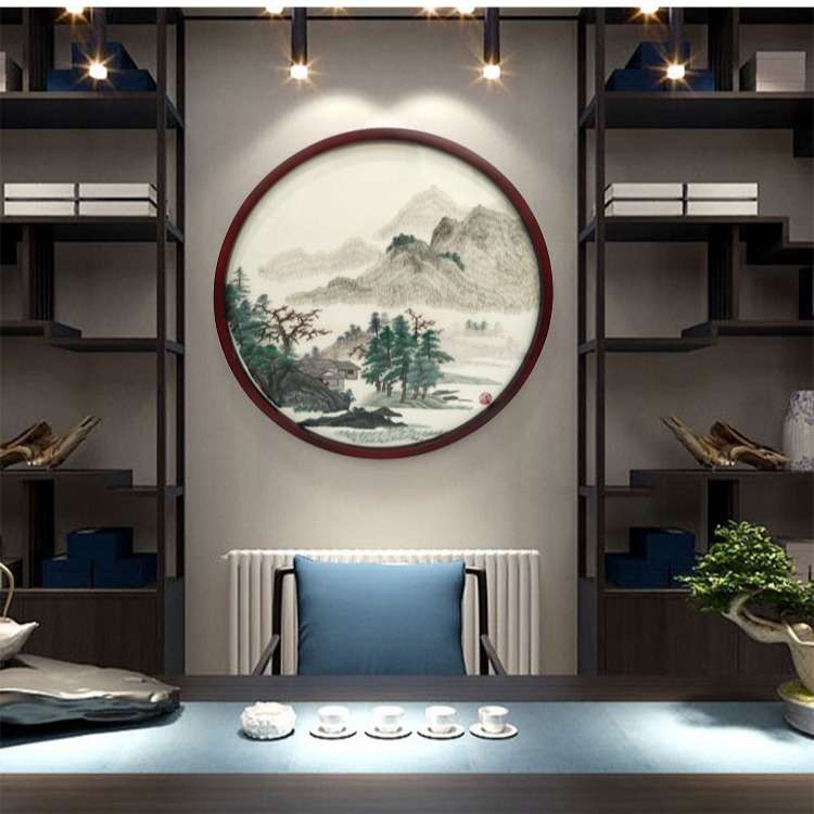 紫金湘绣圆形挂画成品手工刺绣新中式玄关装饰画荷花山水走廊壁画图片