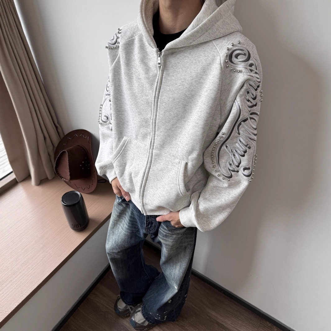 美式复古铆钉刺绣连帽卫衣男女春秋冬季线条分割宽松上衣薄款外套