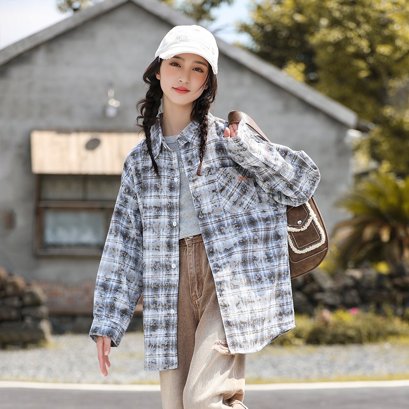少女大童纯棉格子衬衫女孩秋季2024新款初中学生长袖休闲衬衣外套