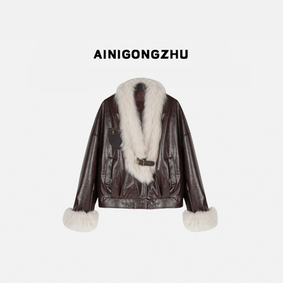 AINIGONGZHU/艾妮公主女装狐狸毛90白鹅绒羽绒服油蜡皮外套Y25112