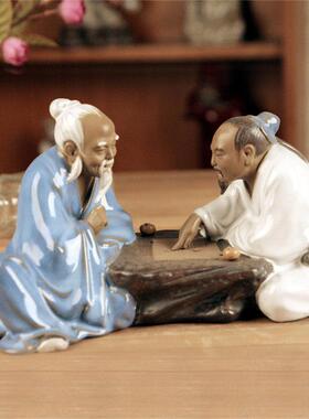 石湾公仔 陶瓷中式客厅电视柜玄关摆件假山盆景人物雕塑 围棋对弈