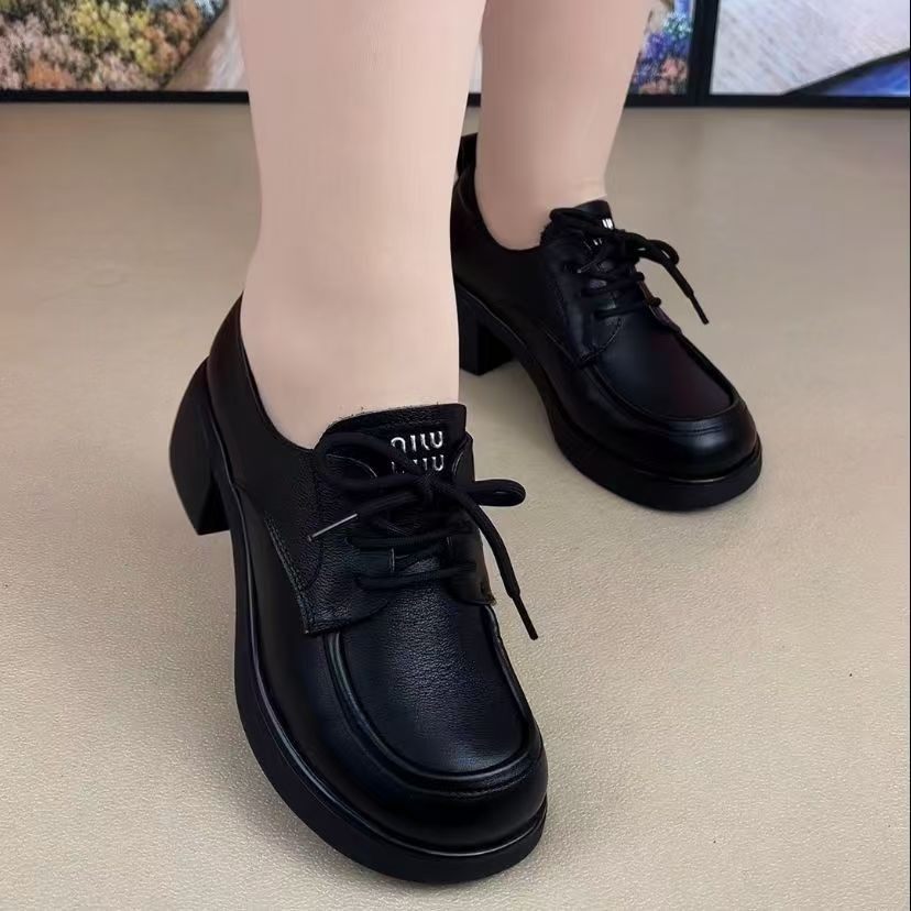 品牌真皮乐福鞋女2025新款春秋粗跟轻便深口系带松糕底百搭小皮鞋